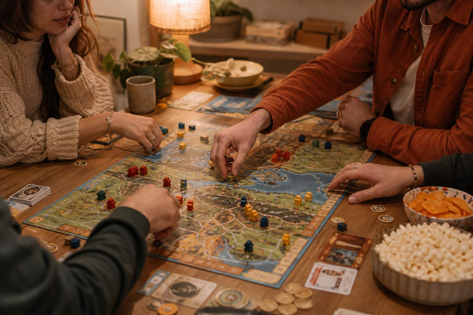 Hands around a board game at a table