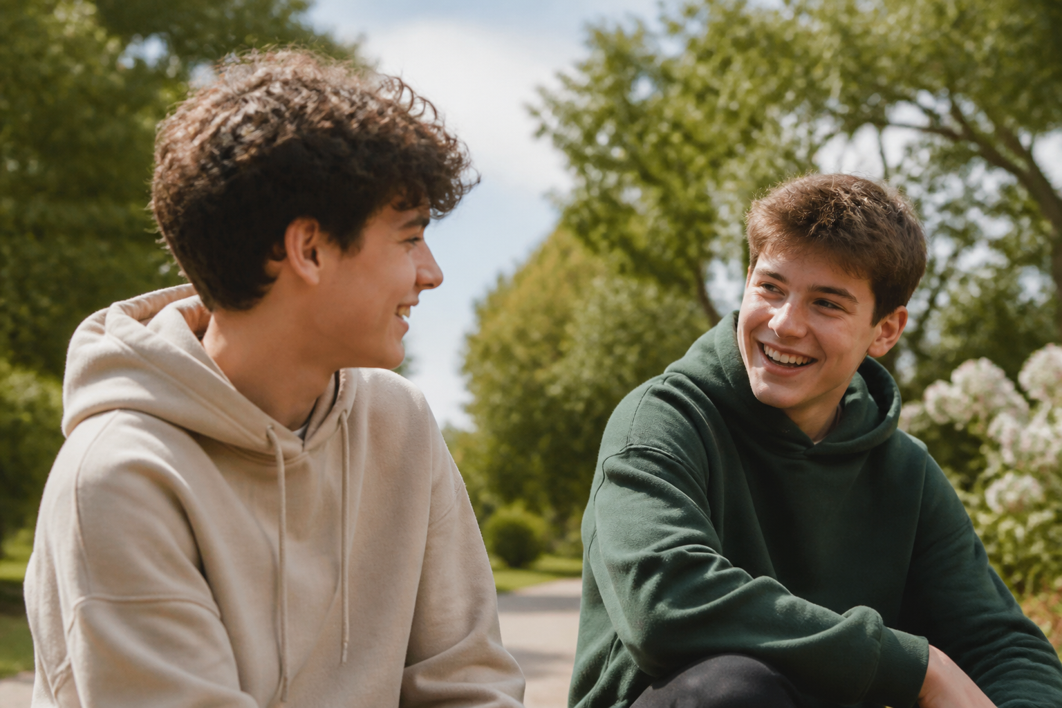 Friends outdoors talking together, no phones visible
