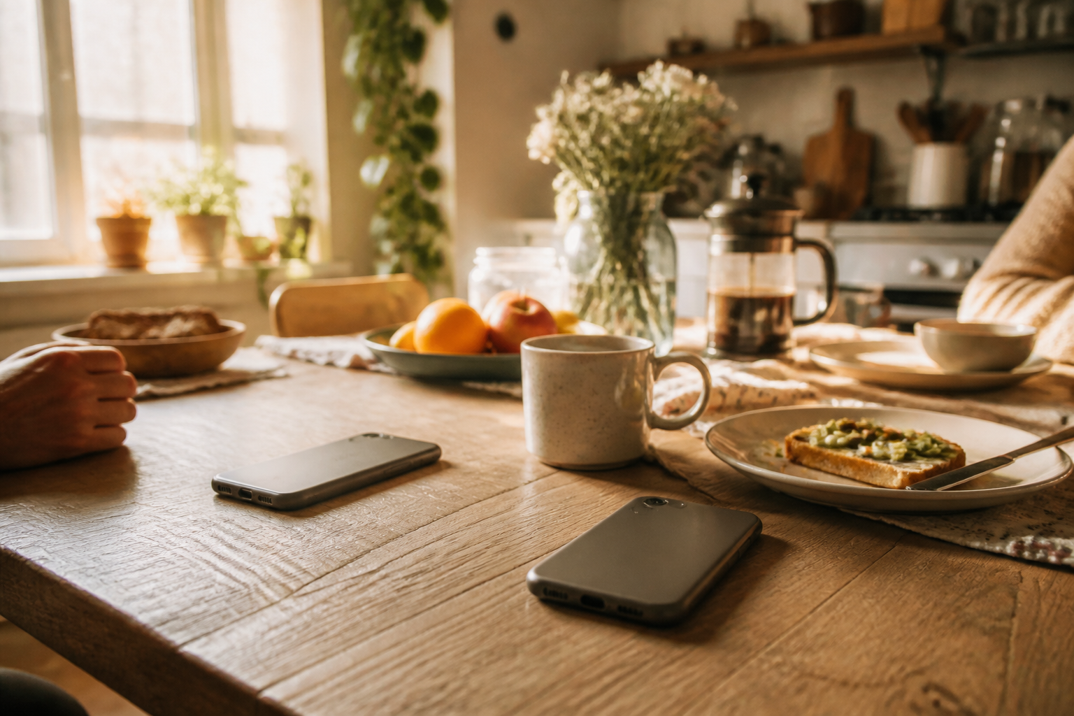 Phones face-down on a kitchen table beside breakfast in morning light