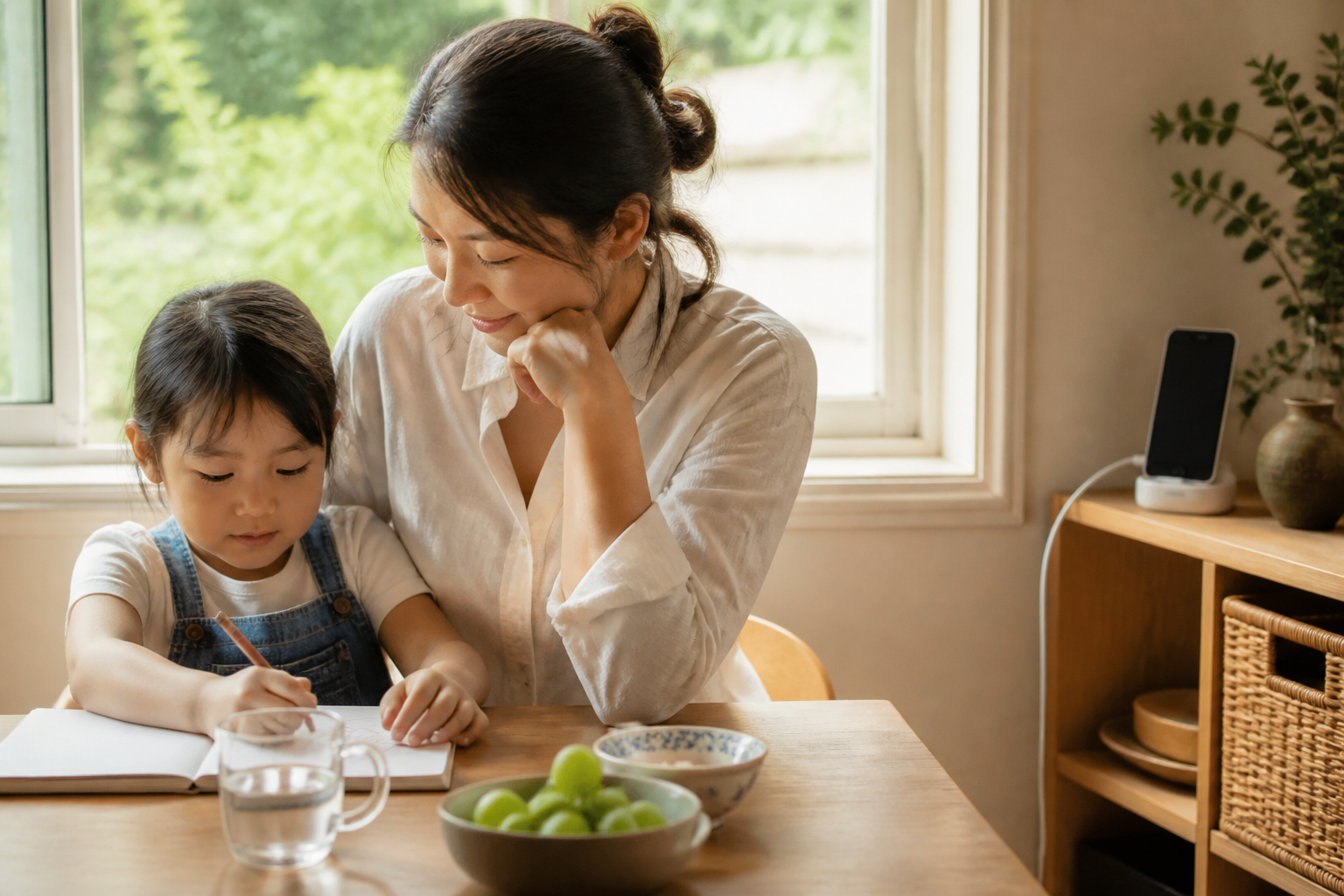 Parent and child in morning light before devices
