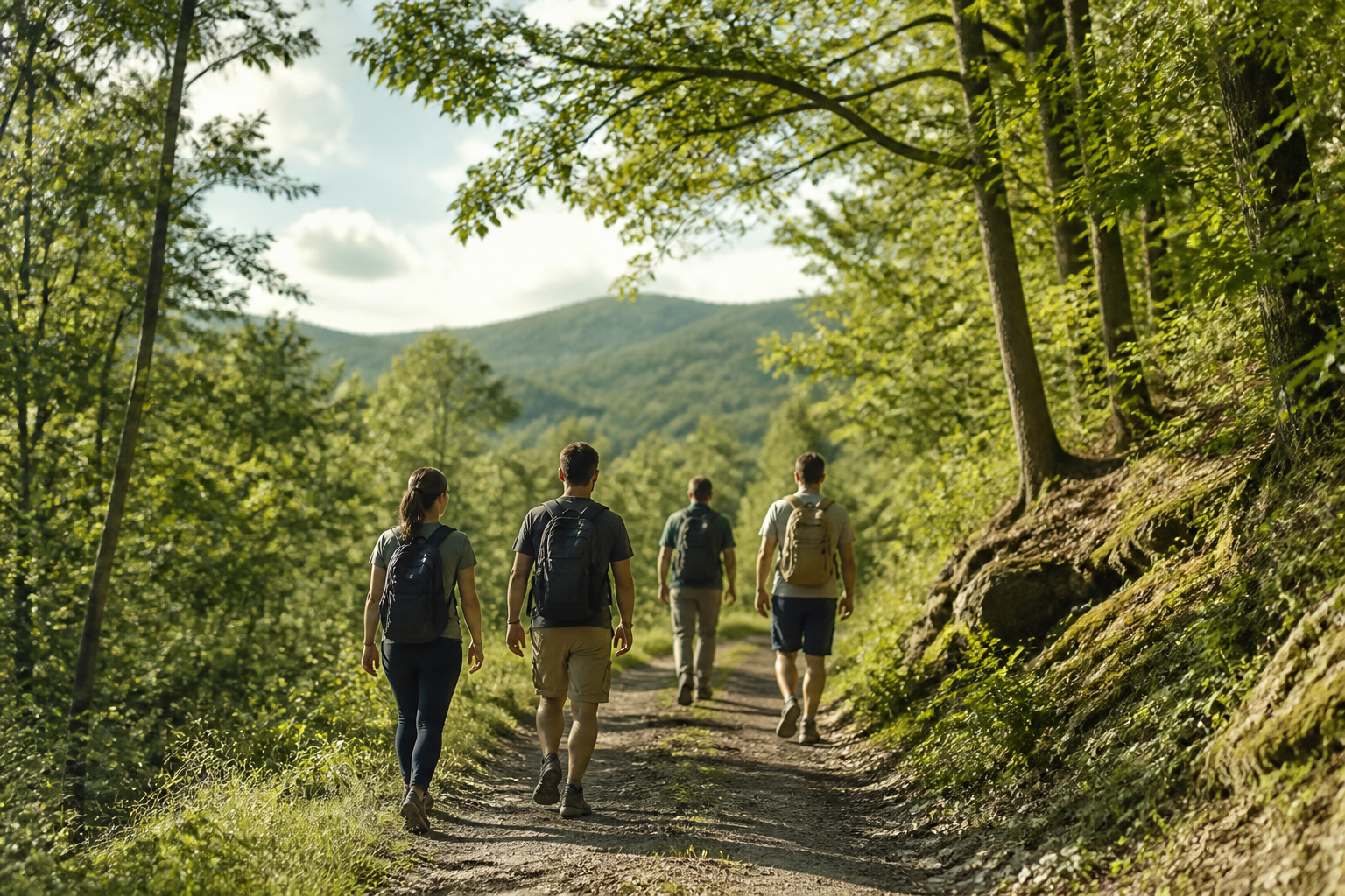 People walking a nature path under open sky