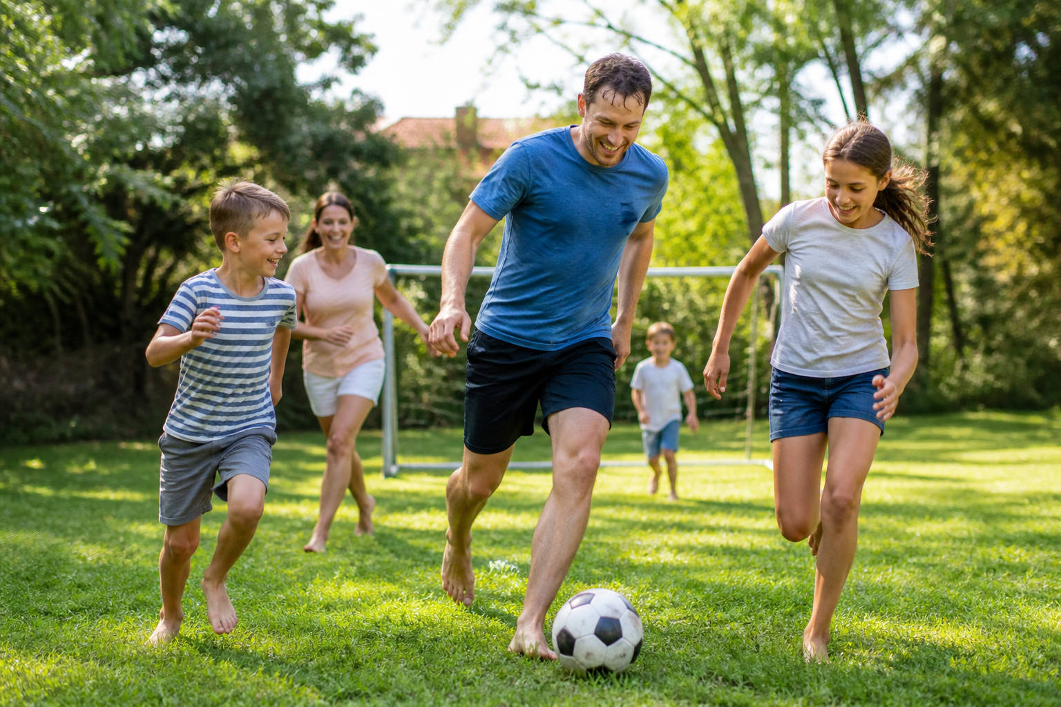 Kids or family in motion playing sports outdoors
